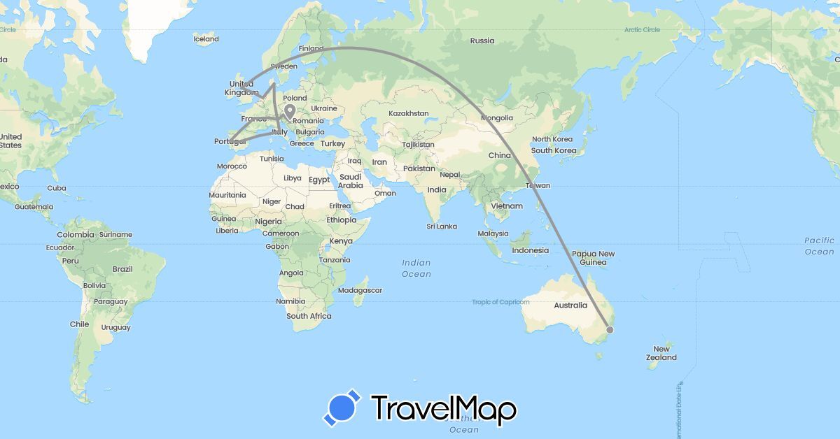 TravelMap itinerary: driving, plane in Austria, Australia, Switzerland, Germany, Denmark, Spain, France, United Kingdom, Croatia, Italy, Netherlands, Portugal (Europe, Oceania)