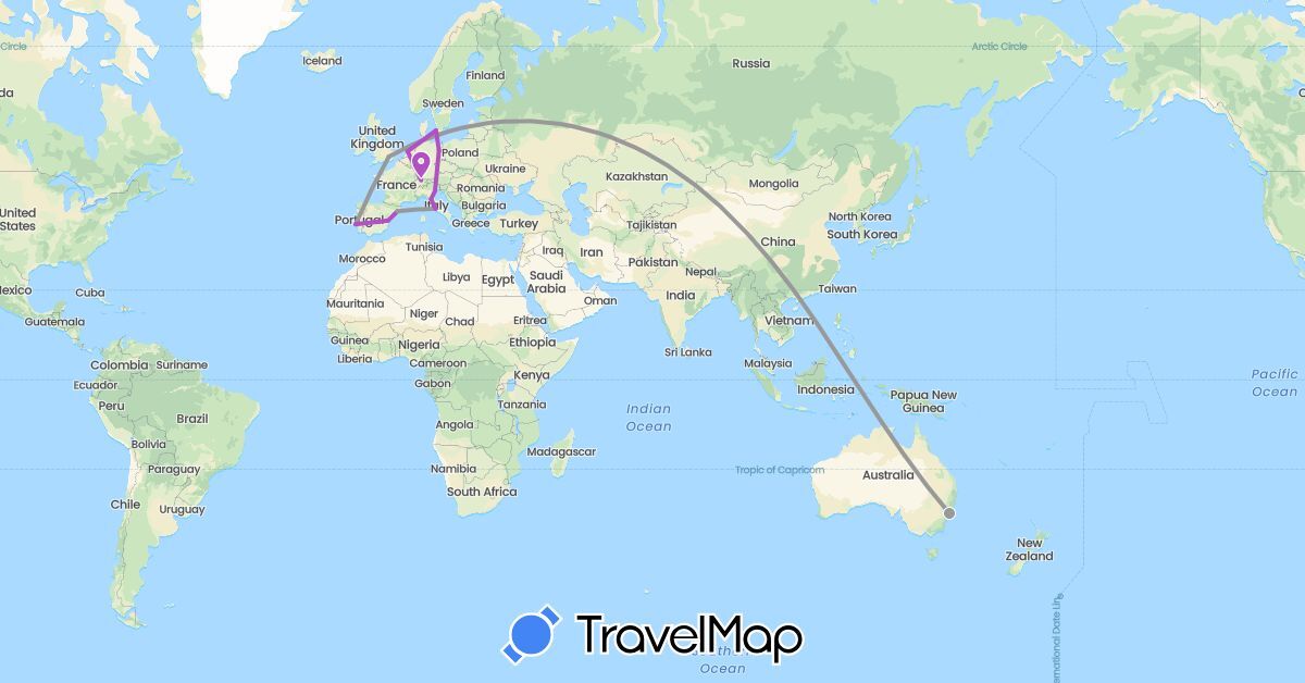 TravelMap itinerary: driving, plane, train in Australia, Switzerland, Germany, Denmark, Spain, United Kingdom, Italy, Netherlands, Portugal (Europe, Oceania)
